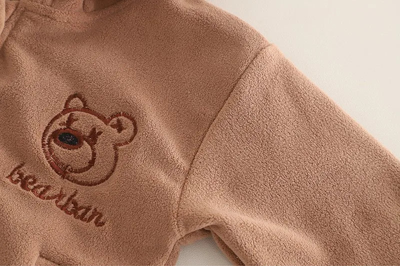 Autumn Winter Baby Boys Warm Clothes Set Thick Fleece Cartoon Bear Zipper Hooded Jacket Pants 2Pc For 1-5 Years Girls Sport Suit