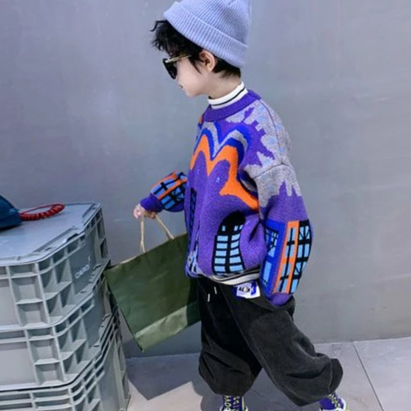 2025 Autumn/Winter New Boys' Fleece-Lined Thickened Crewneck Sweater, Korean Style Toddler Big Kids Knitwear