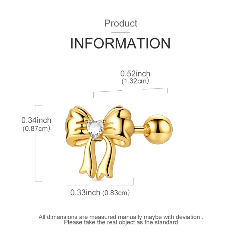 Fashion 925 Sterling Silver Plated Gold Clover Bowknot Butterfly Cartilage Puncture Spiral Bead Stud Earring For Women Ins Style