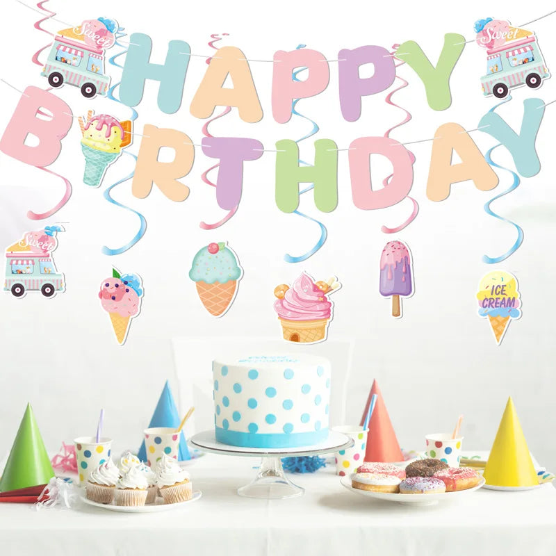 Ice Cream Happy Birthday Streamers Hot Stamping Dovetail Pull Flag Living Room Garden Mall Cafe Birthday Party Decoration Banner