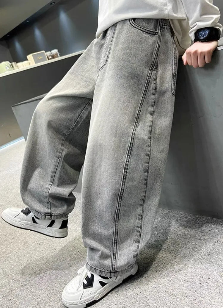 Light Grey Boys' Denim Pants Spring Autumn Casual Relaxed Fit Medium To Large Kids Jeans