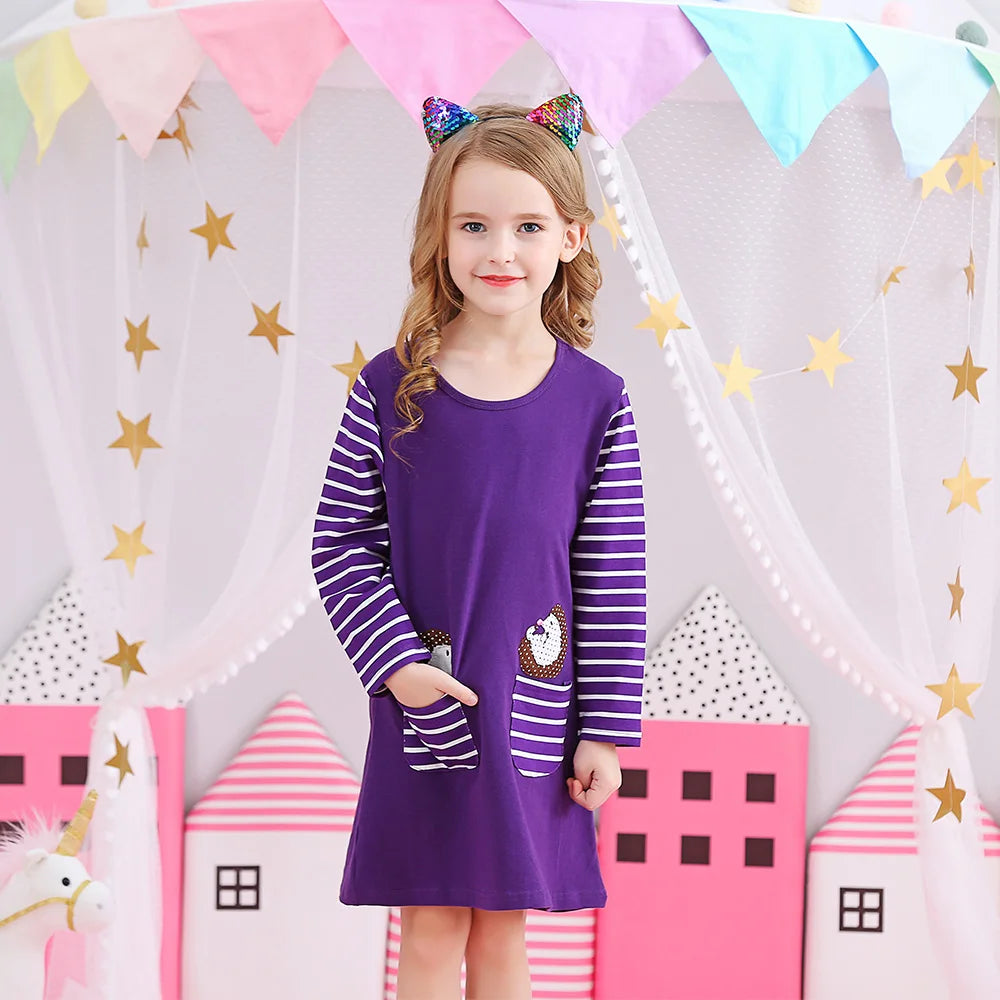 VIKITA Children Cartoon Dress Girls Cotton Casual Daily Autumn Spring Dress with Pockets Kids Straight Dresses Kids Clothes