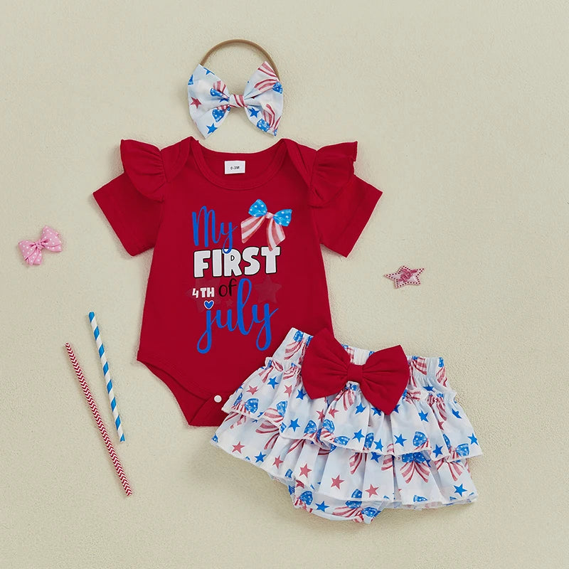 American Flag Print Sleeveless Romper Striped Ruffled Shorts Bow Headband Set for Baby Girl s Independence Day Outfit