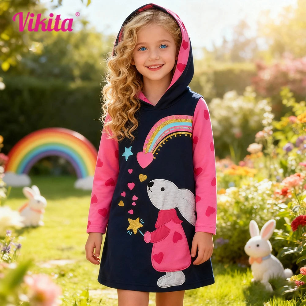 VIKITA Kids Autumn Winter Thick Hoodies Dress for Girl Rabbit Rainbow Appliqued Straight Dresses Kids Heart Design Cotton Dress