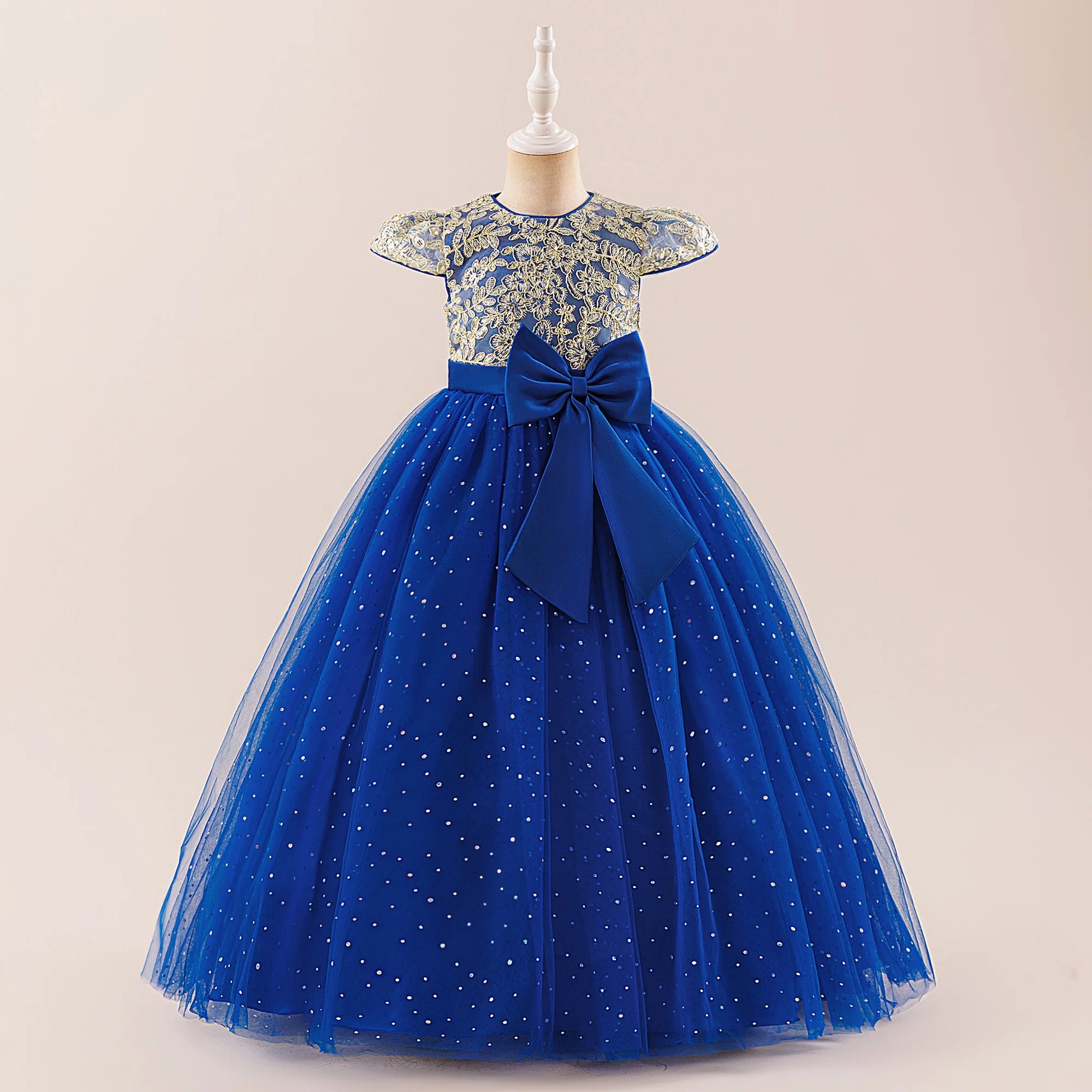 Elegant Bow Bridesmaid Party Girls Dress Sequin Flower Wedding Birthday Princess Dress Girl Tulle Prom Performance Gala Costumes