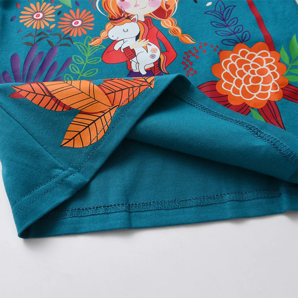 DXTON Winter Girls Tops Floral Printed Toddlers T-shirts Cotton Children Clothing Rainbow Long Sleeve Cartoon Kids Tees For Girl