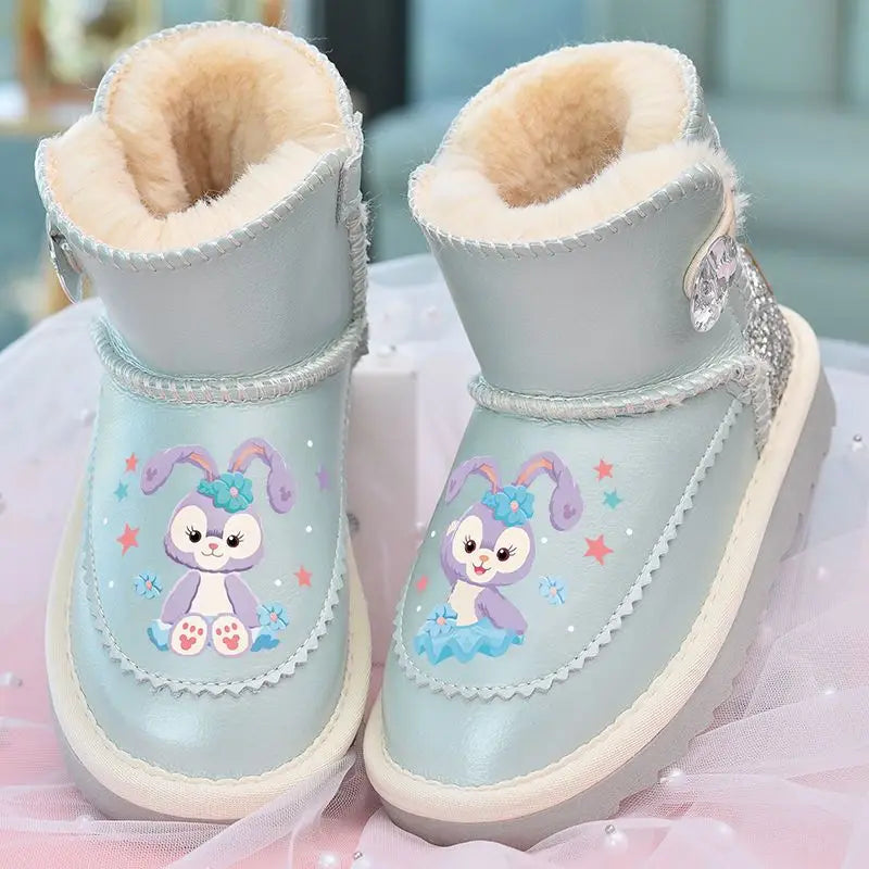 Disney Girls' Snow Boots Genuine Leather StellaLou Cartoon Waterproof Winter Children's Shoes Baby Girls' Thickened Ankle Boots