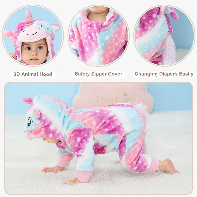 MICHLEY Halloween Costume Infant Baby Clothes Rompers Winter Flannel Hooded Bodysuits Pajamas Animals Overall Jumpsuit For Bebe