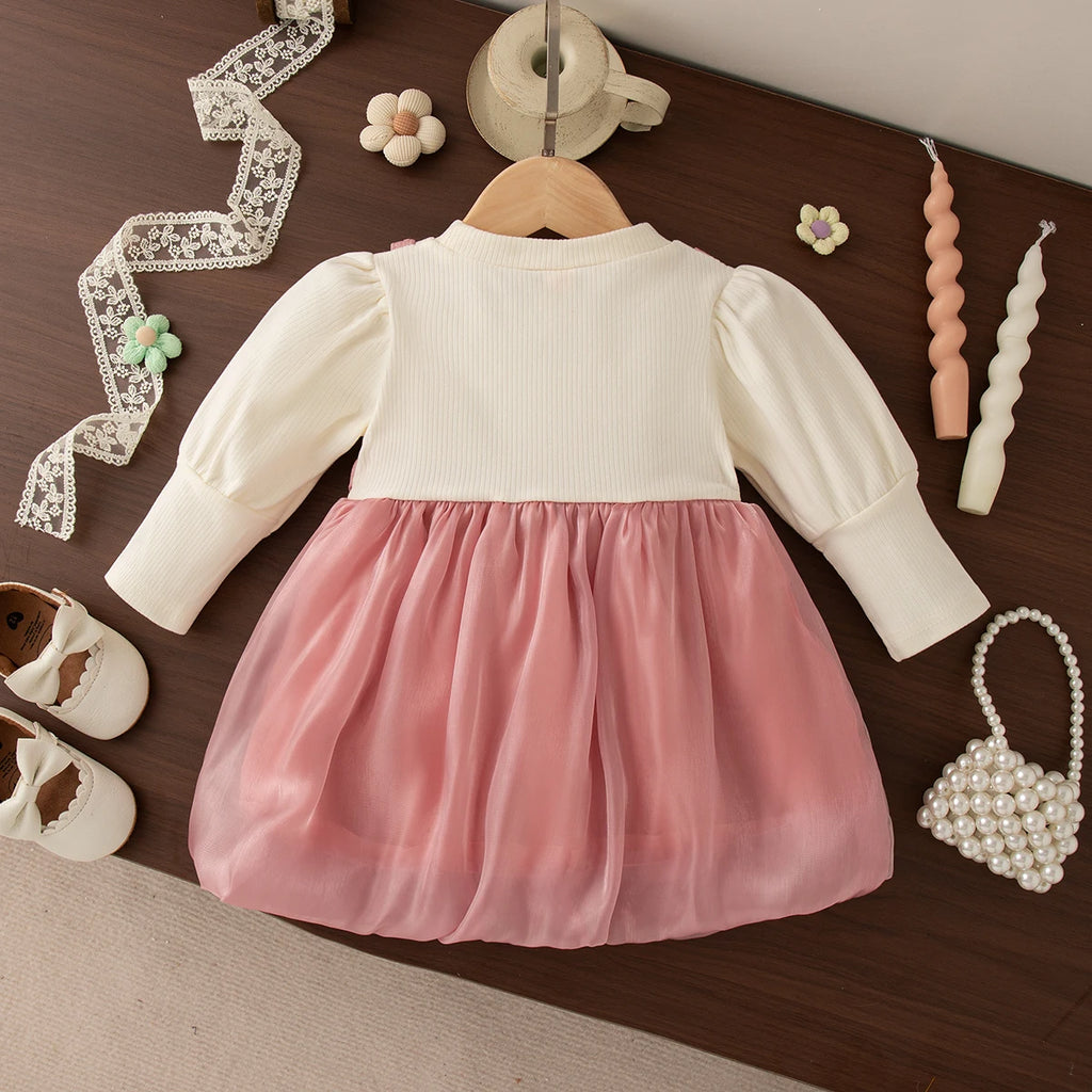 Spring And Autumn New Fake Two Piece Long Sleeve Baby Girl Dress, Sweet Bow Children'S Clothing For Babies Aged 0-3 Years
