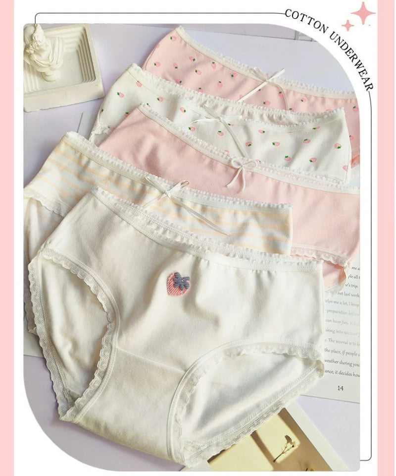 5PCS Girls Cotton Soft Antibacterial Briefs Kids Pink Strawberry Print Knickers 7+y Young Children Breathable Comfort Underwears