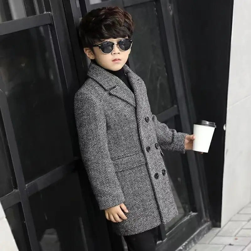 Boys Autumn Winter Quilted Thickened Wool Coat Korean Style New Big Kids Mid Length Stylish Coat