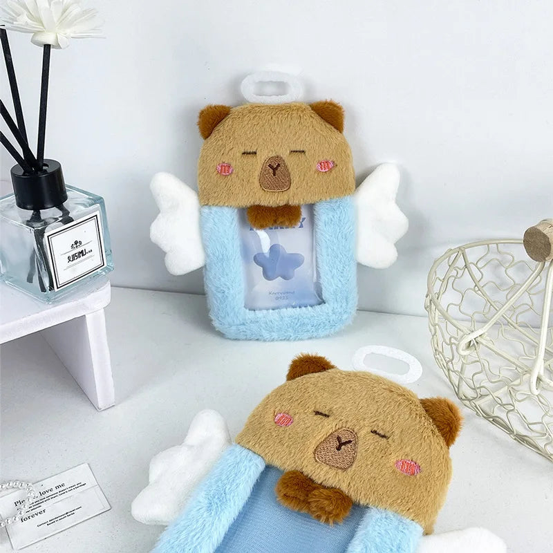 Card Sleeve Cute Blue Capybara With Angel Card Cover Anti-Lost Protective Photo Storage Capybara Identity Student Collection
