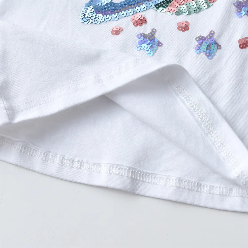 VIKITA Kids Short Sleeve Summer White T Shirts Girls Cosmos Star Sequins Appliqued Cotton Casual Tops and Tees Children Clothing