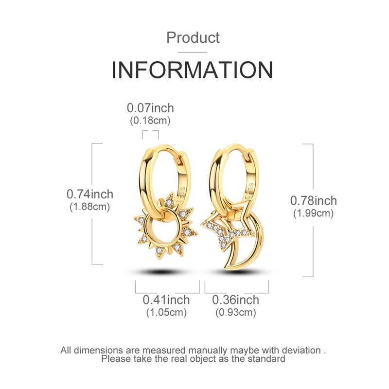 925 Sterling Silver Plated Gold Drop Earrings Star Sun Moon Earrings Removable Circle Heart Earrings For Women Hoop Earrings