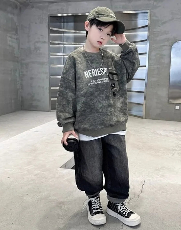 Boys' Middle/Big Kids 2025 New Spring/Autumn Long Sleeve Korean Style Edgy Loose Fit Sweatshirt Tops