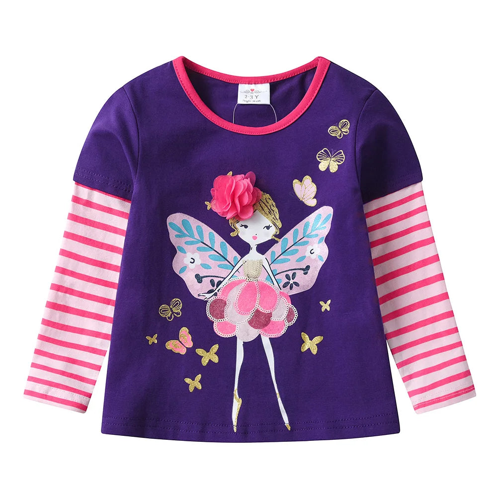 VIKITA Kids Butterfly Doll Cartoon Print T Shirt Girl Autumn Spring Long Sleeve Striped Cotton Casual Tops and Tees Kids Clothes