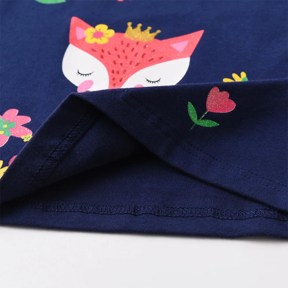 VIKITA Girls Casual Cute Long Sleeve Cotton T Shirt O Neck Squirrel Floral Print Navy Blue Tops Cotton Daily Wear Kids Clothing