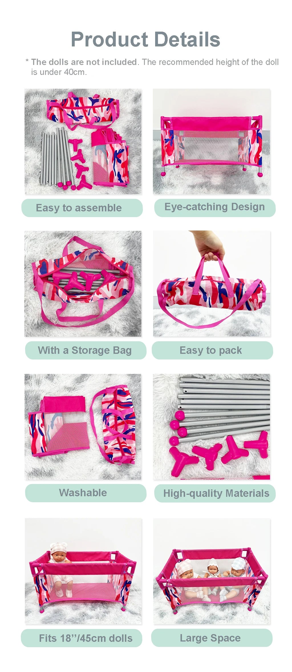 Baby Doll Crib Pack and Play Accessory Simulation DIY Doll Bed  up to 18 Dolls with Carry Along Bag Toy Gift for Girls and Kids