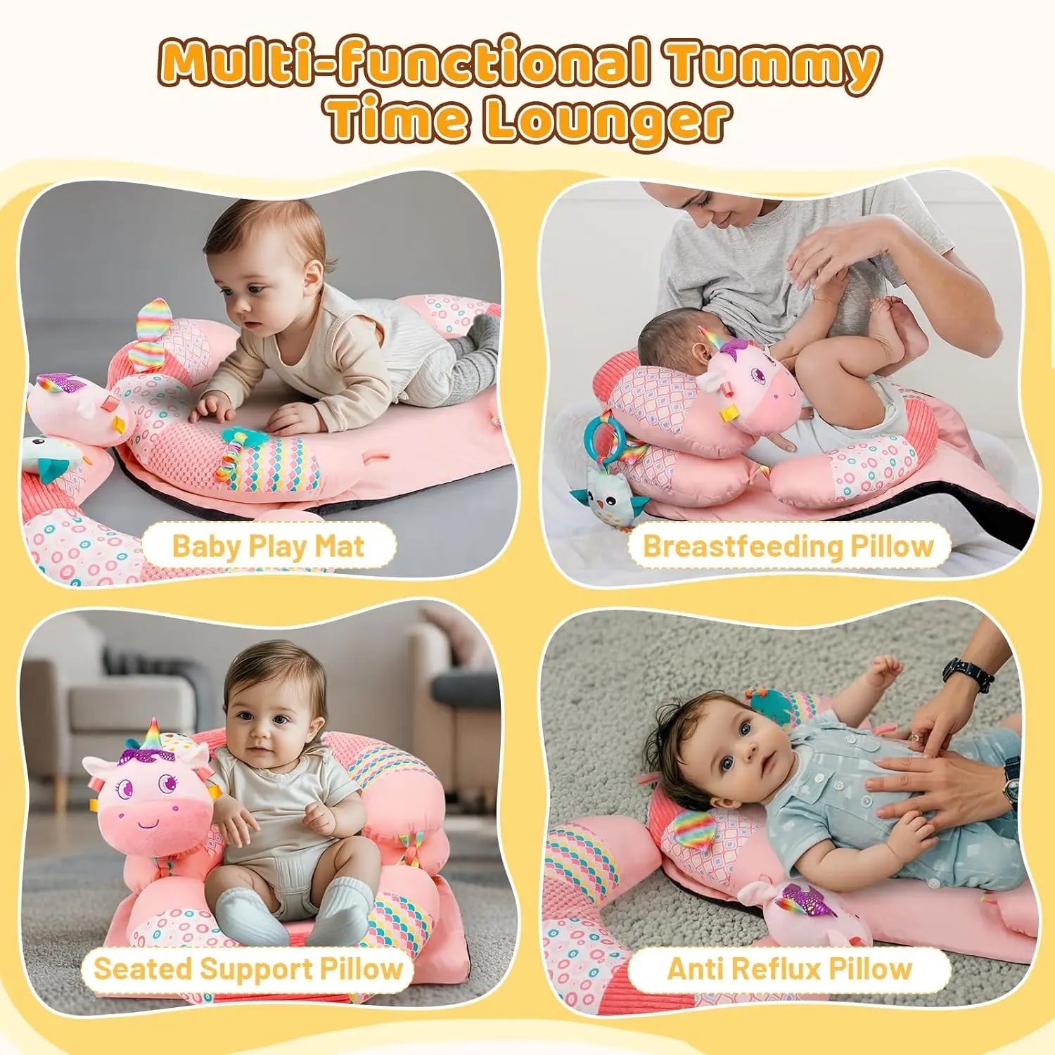 3 in 1 Baby Tummy Time Mat Support Seated Pillow Infant Newborn Toys Sensory Developmental Playmat Gift for Babies Girls Boys