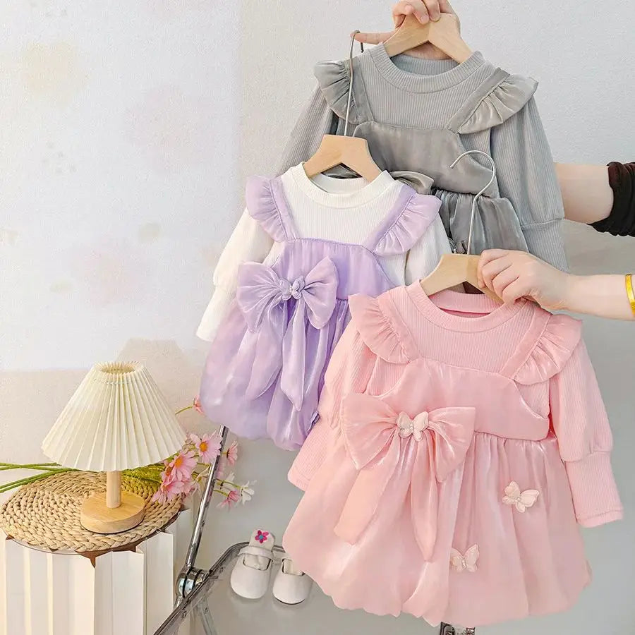 Sweet Bow Baby Girl Princess Dress, Spring And Autumn New Fake Two-Piece Long Sleeved Children'S Clothing For Babies Aged 0-3