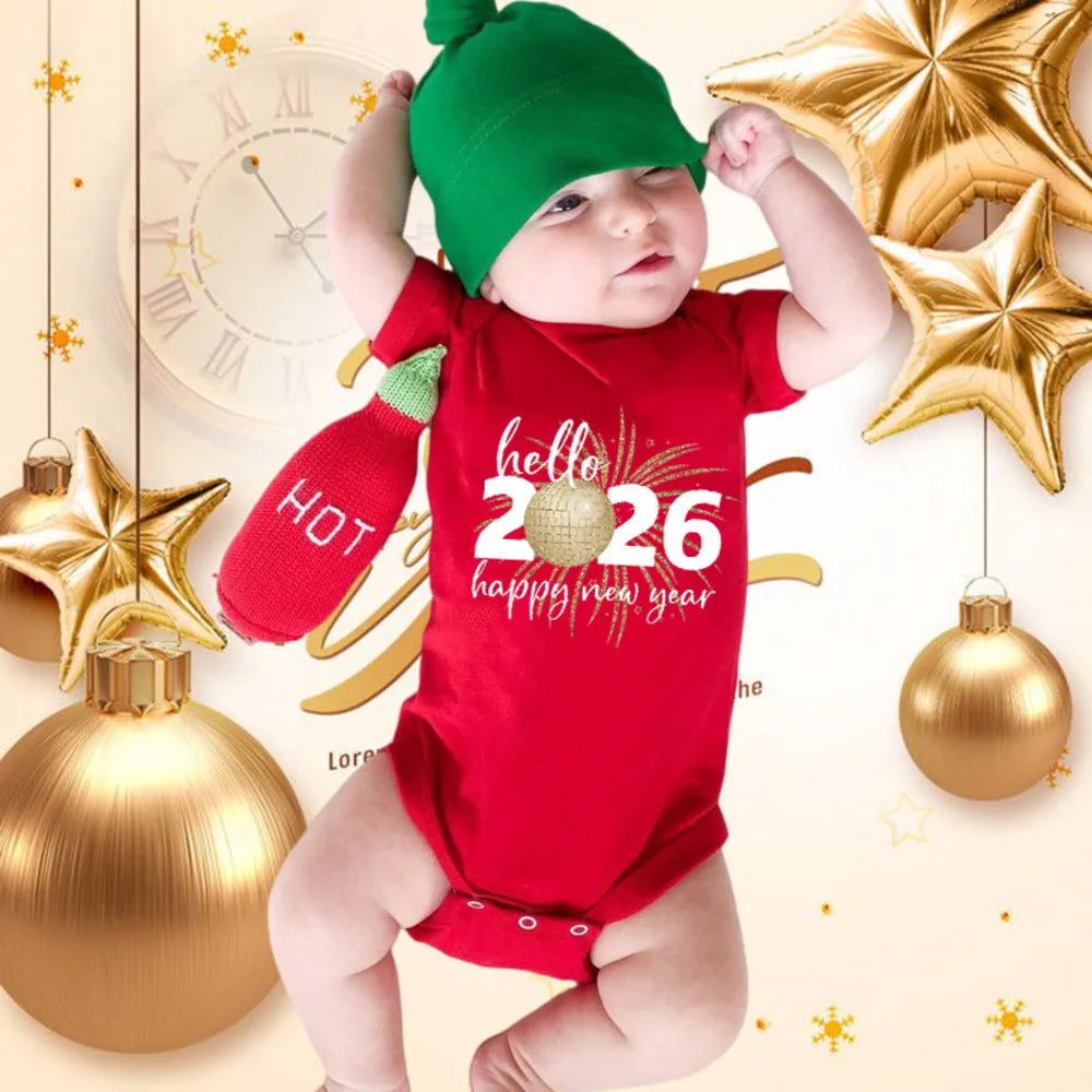 Hello 2026 New Year Print Baby Cotton Bodysuit Newborn Cotton Baby Romper Infant Short Sleeve Bodysuit 1st New Year Clothes