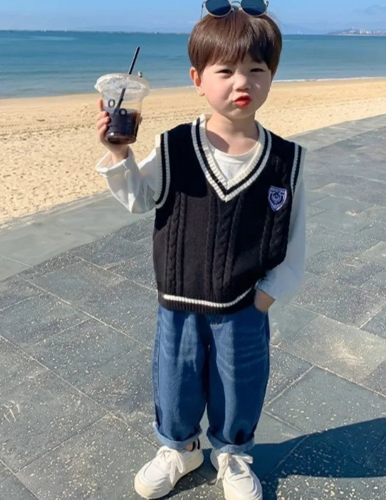 Boys' Knit Vest 2025 Spring Autumn New Preppy Style Kids' Outerwear Trendy Baby Boy Vest for School Casual Wear