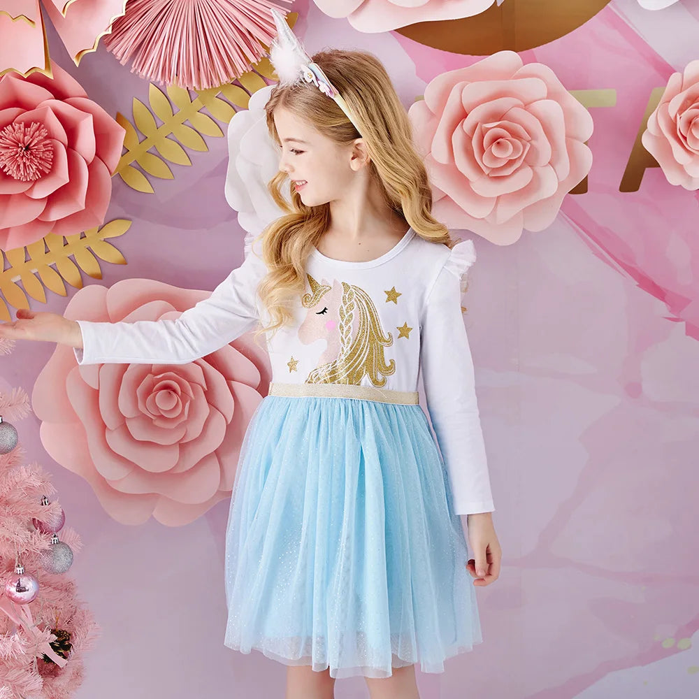 VIKITA Kids Licorne Cartoon Print Dress Girls Flare Sleeve Autumn Spring Winter Vestidos Girls Princess Mesh Tulle Party Dress