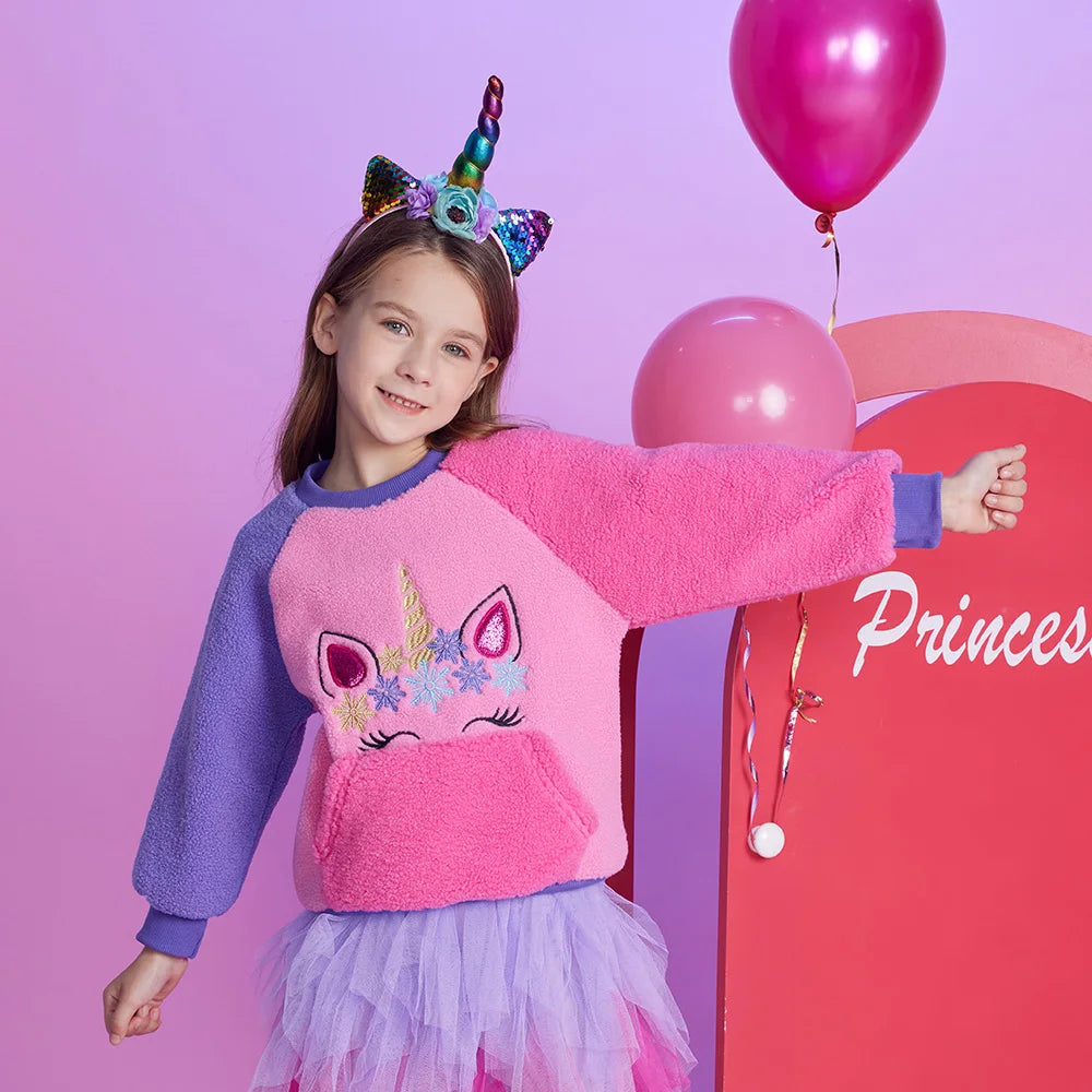 VIKITA Girls Fleece Sweatshirts Kids Autumn Winter Unicorn Appliqued Long Sleeve Sports Casual Outwear Children's Tops Pullover