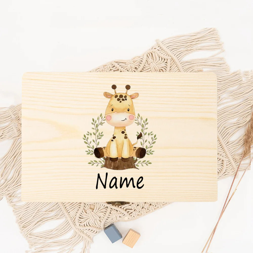 Personalized Baby Wood Box Cute Animal Print Toddler Memory Box Custom Name Infant Keepsake Box Newbron Shower Gift Kids Present