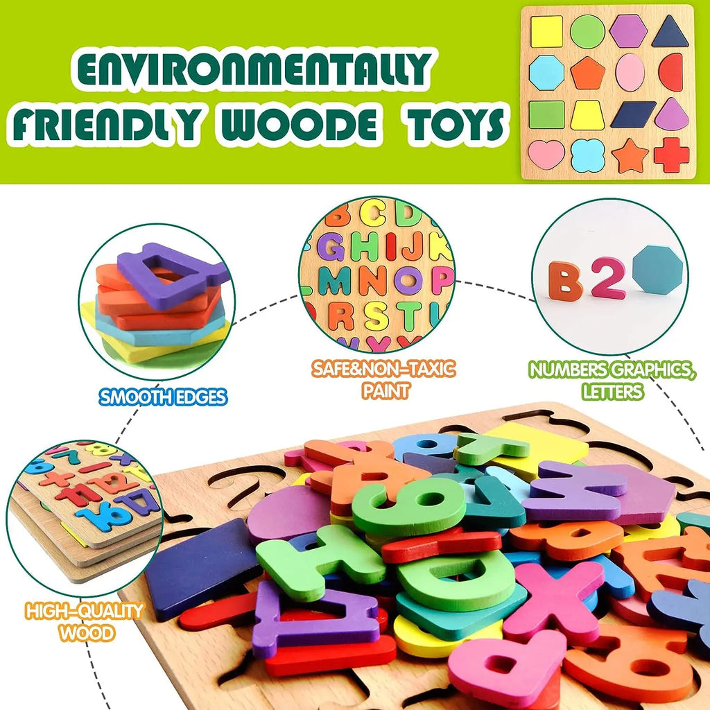 Wooden Puzzles Toys for Kids 3 Year Alphabet Numbers Children Montessori Educational Learning Toys abc Letters Preschool Gift