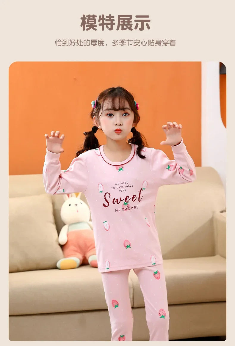Children's Autumn Clothes and Pants Set for Boys and Girls Pure Cotton Thermal Underwear Pure Cotton Cotton Sweater Baby Pajamas