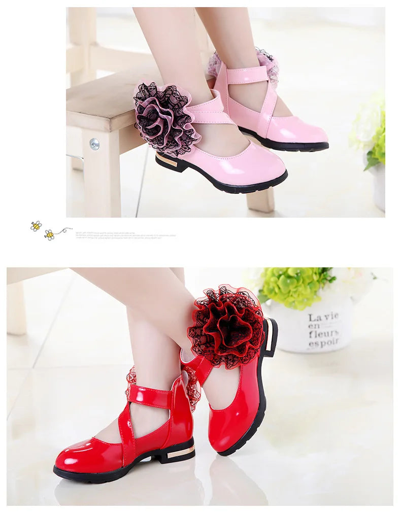 Kids Shoes Girls High Heel Princess Flower Shoes Fashion Children Shoes Leather Fashion Girls Party Dress Wedding Dance