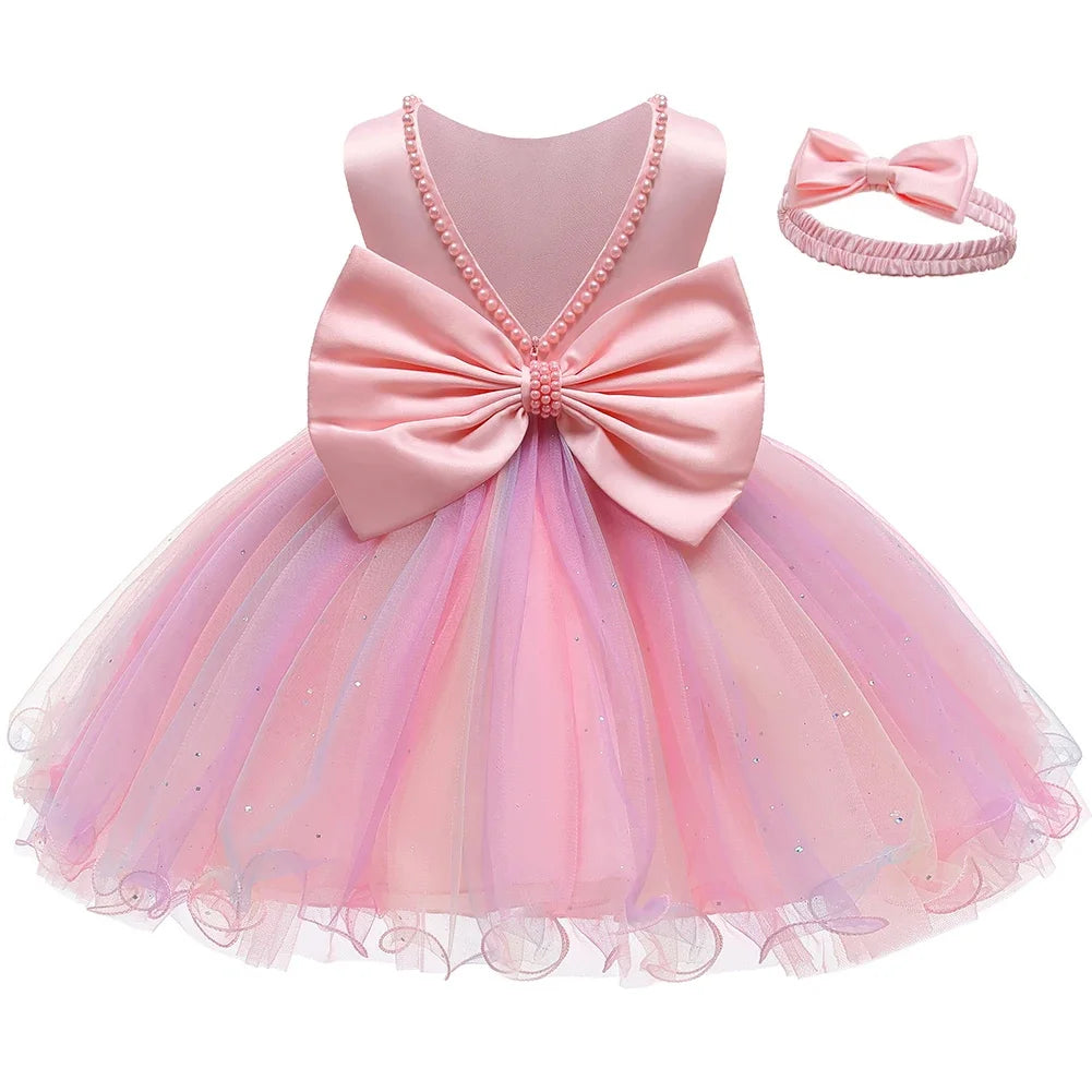 Infant Baby Tulle Backless Pageant Wedding Party Flower Girls Big Bow Dress With Headwear For Toddler Baptism Birthday Prom Gown
