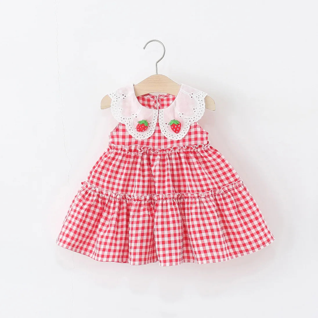 Summer New Simple Style Small Checkered Children'S Sleeveless Clothes, Sweet White Petal Lapel Baby Girl Dress (0-4 Years Old)