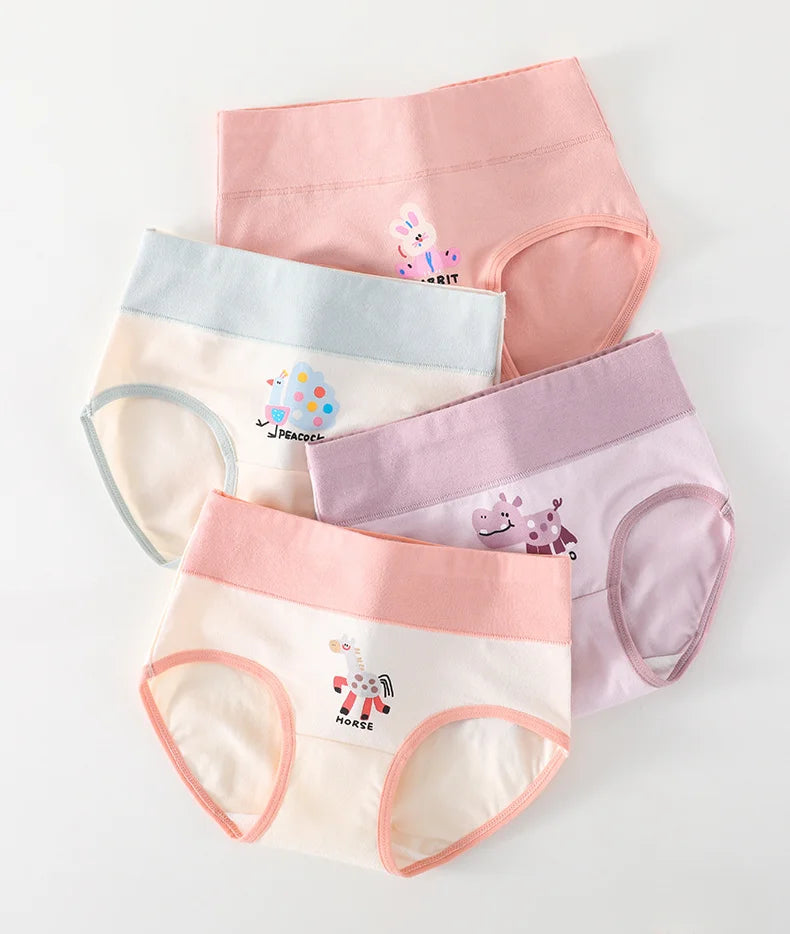 4PCS Girls High Waisted Panties Kids Cotton Antibacterial Knickers Cute Print Soft Comfort Underwears 3+y Young Children Clothes