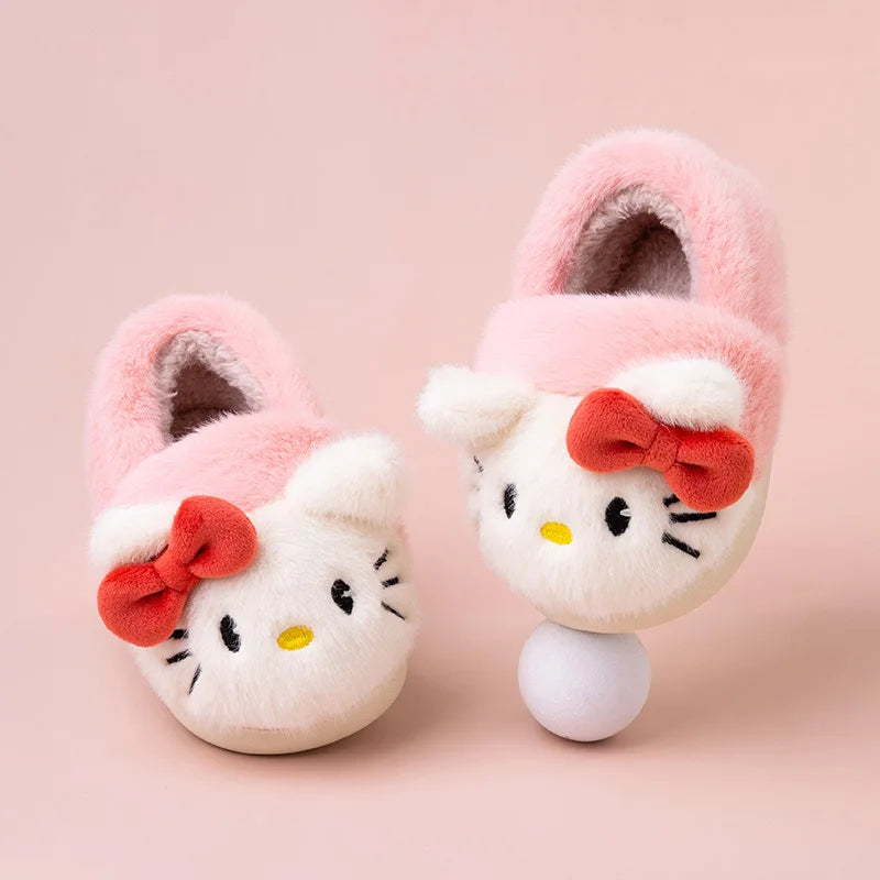 Kids'Slippers House Shoes Cartoon Hello Kitty Winter Shoes For Children Warm Cotton Fur Anti-slip White Pink Shoes Size13cm-18cm