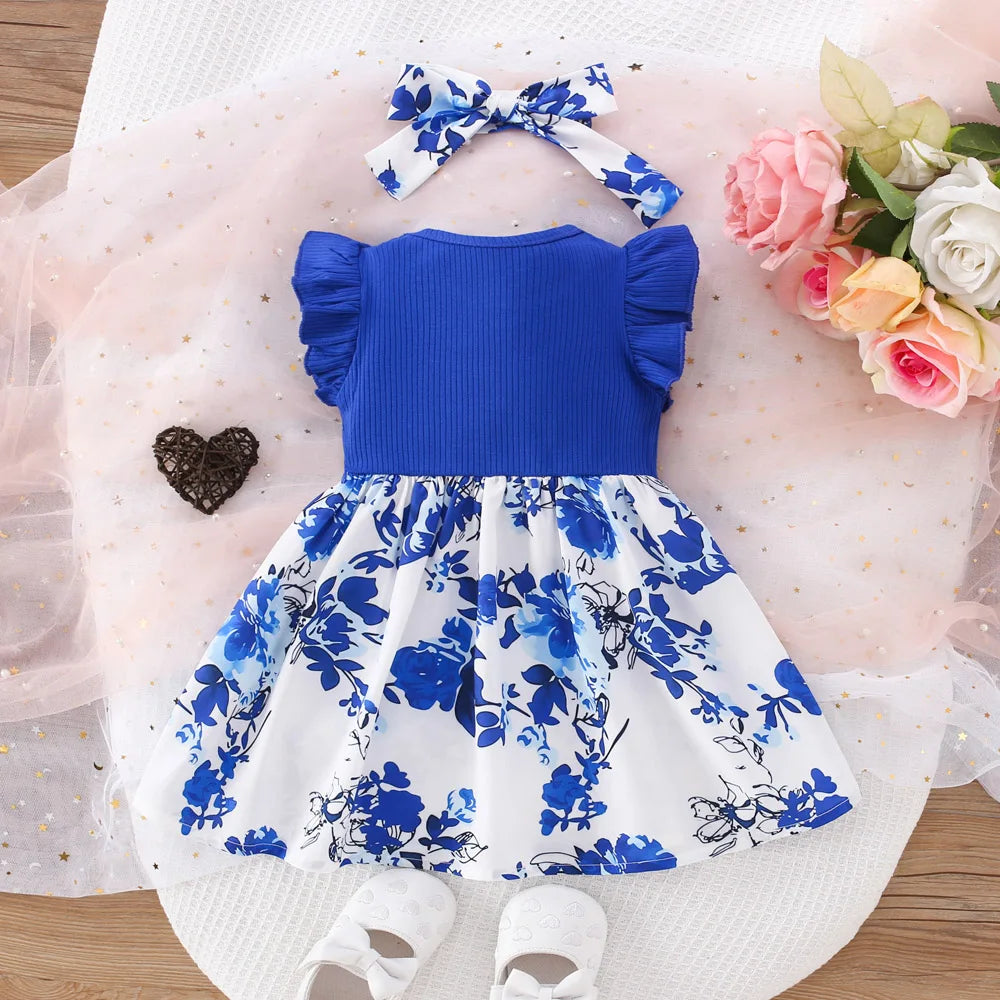 Summer New Blue Bow Baby Girl Dress, Fashionable Children'S Clothing With Free Hairband (6 Months -3 Years Old)
