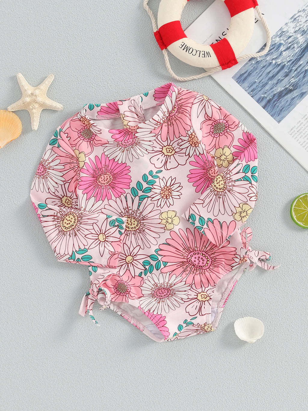 Infant Girls  Rash Guard Swimsuit with Long Sleeves and Cute Floral Print Baby Beachwear Tie-Up Bathing Suit