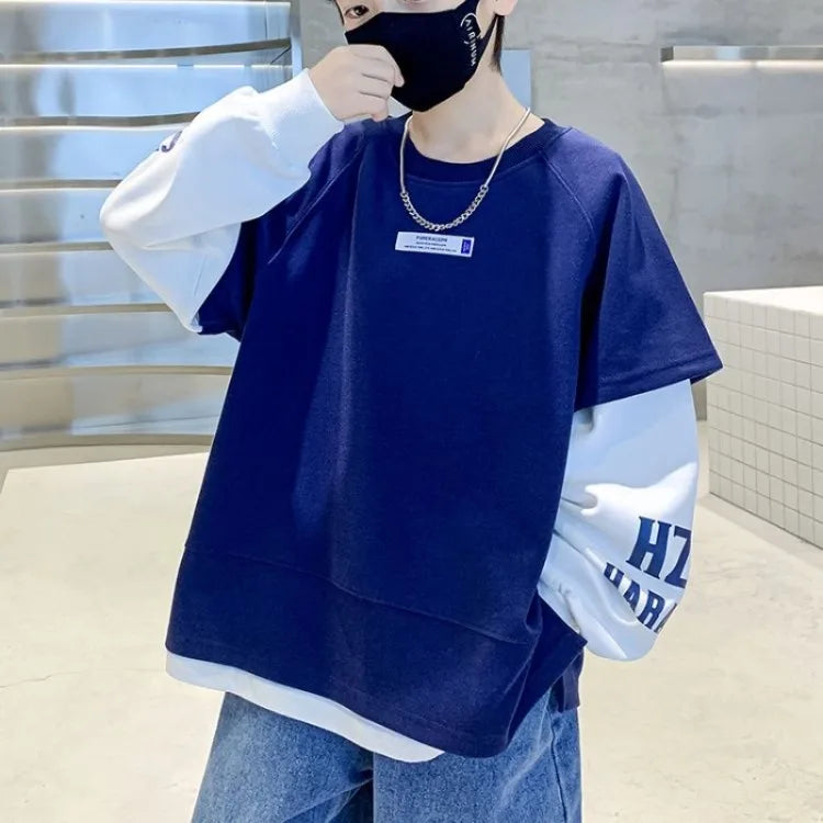 Fake Two Pieces Top Clothes for Children Kids T-shirts Children's Clothing Boys Spring Autumn Oversized T-shirt Boys' Outdoor