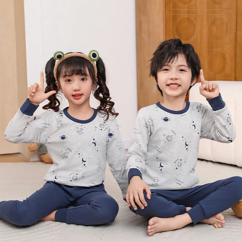 Children's Autumn Clothes and Pants Pure Cotton Set for Boys and Girls Warm Underwear Cartoon Pattern Children's Pajamas Set