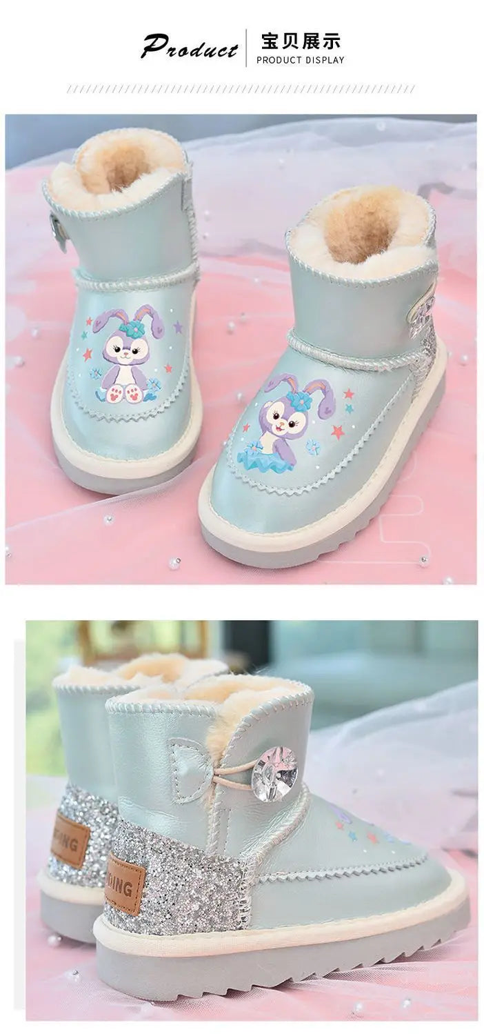 Disney Girls' Snow Boots Genuine Leather StellaLou Cartoon Waterproof Winter Children's Shoes Baby Girls' Thickened Ankle Boots