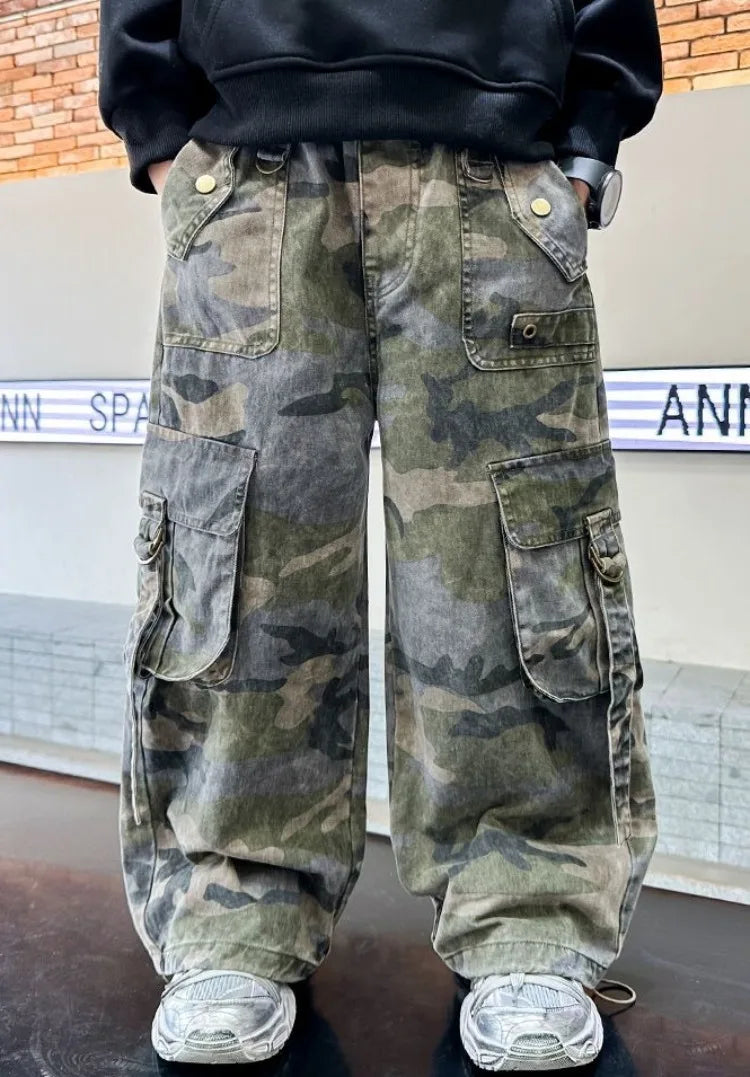 2025 New Boys Autumn Camouflage Tactical Pants - Kids Cargo Pants with Multiple Pockets, Trendy & Comfortable for 8-14 Years Old