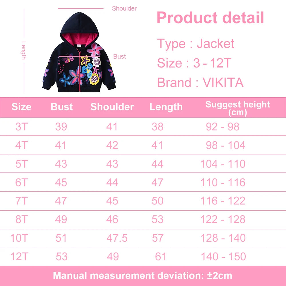 VIKITA Girls Autumn Winter Jacket Children Hooded Coats Girls Floral Print Zipper Outerwear Kids Cotton Casual Sports Jackets