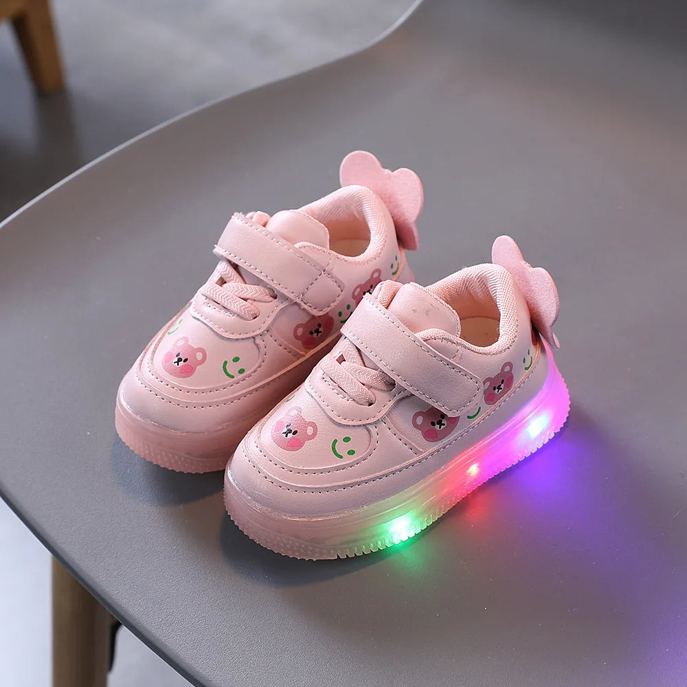 Disney LED Casual Sneakers For Spring Outdoor Cartoon Shoes Children Lighted Non-slip PU Leather Bear White Shoes Size 21-30