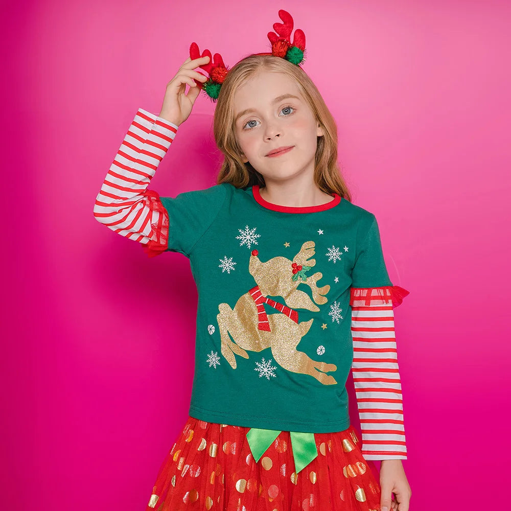 Girls Christmas Green Tops with Ruffle Sleeves Kids Reindeer Snowflake Print Soft Cotton Holiday Party Xmas Festival Tees Gift