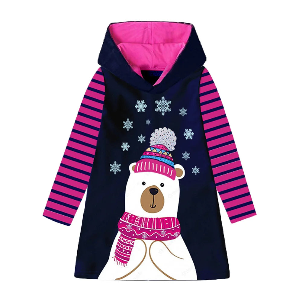 Girls Autumn Winter Hooded Dress Kids Cartoon Snowflakes Striped Straight Dresses Christmas Parties Daily Casual Cotton Dresses