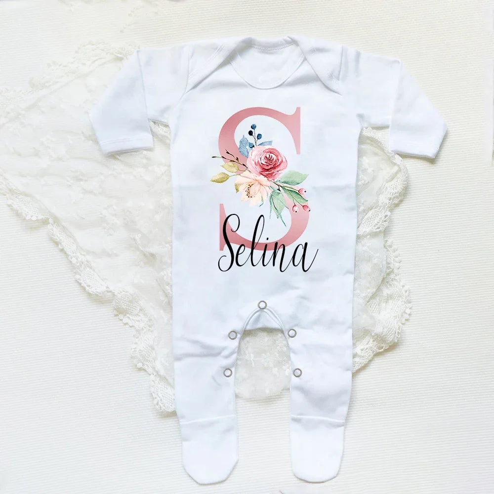 Personalised Babygrow Sleepsuit Flower Initial Infant Romper Baby Coming Home Outfit Newbron Shower Gift Baby Girls Sleepsuit