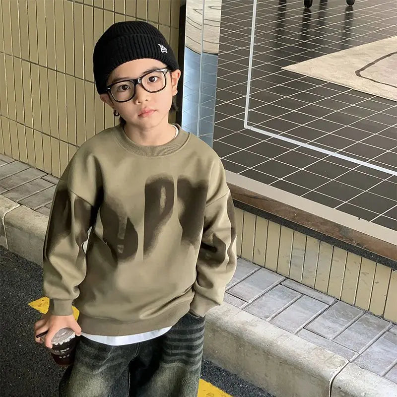 Boys' Medium To Large 2025 New Arrival No Hood Crewneck Spring/Autumn Trendy Street Style Kids Sweatshirt