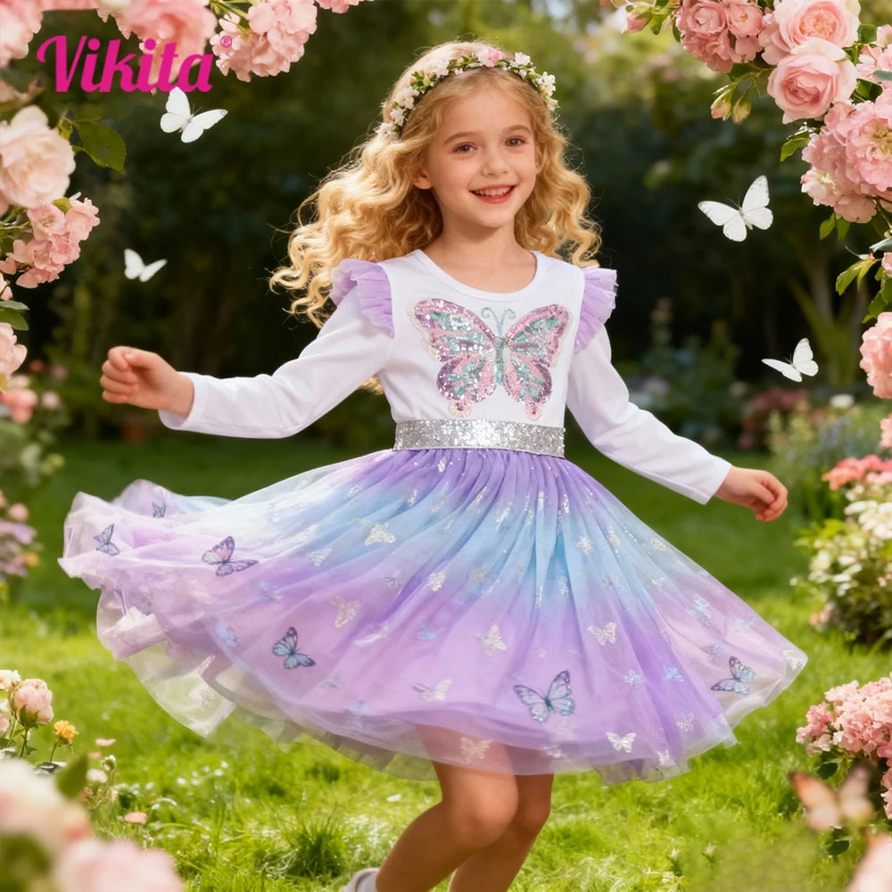 VIKITA Girls Butterfly Sequined Elegant Dress Kids Autumn Spring Purple Gradient Mesh Tulle Princess Party Performance Prom Gown