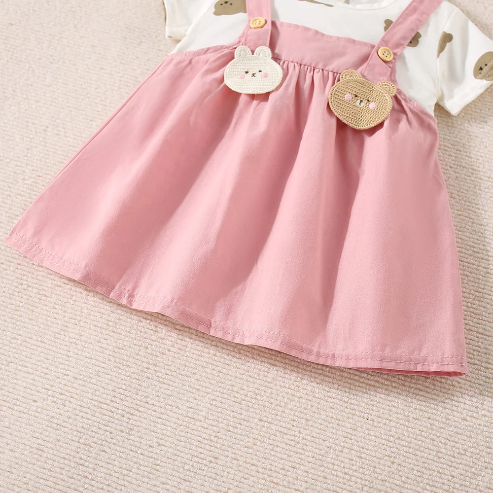 (6-24 Months) Summer New Small Bear Short Sleeved Baby Girl Dress, Fake Two Children'S Clothes
